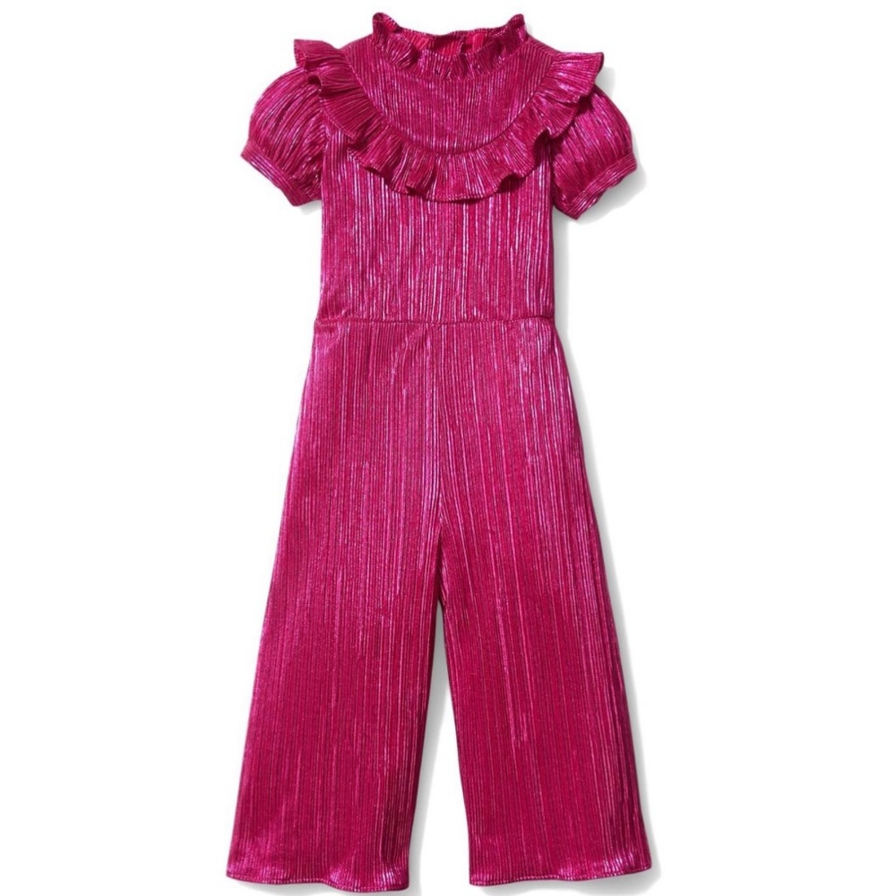 GIRLS RACHEL ZOE x JANIE AND JACK MAGENTA PINK PLISSE JUMPSUIT, SIZE 3